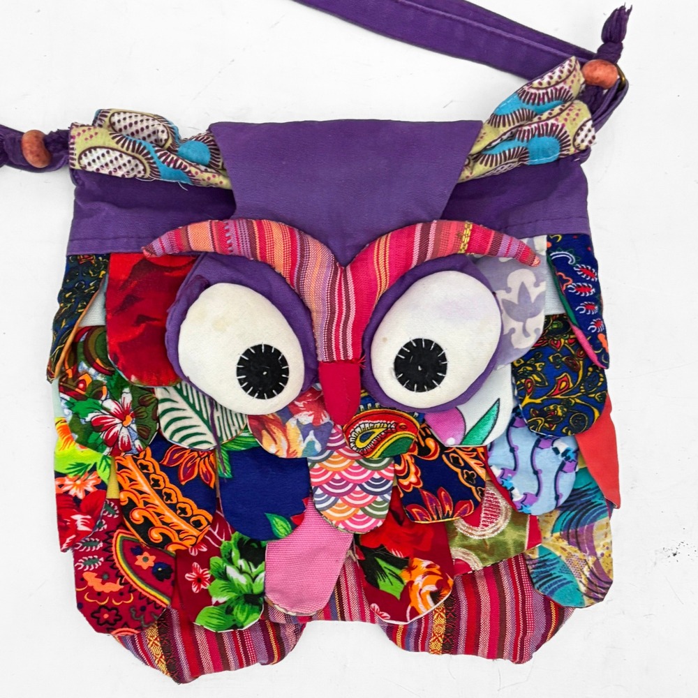 Handmade Patchwork Owl Crossbody Bag Purple Boho Eclectic Festival Purse